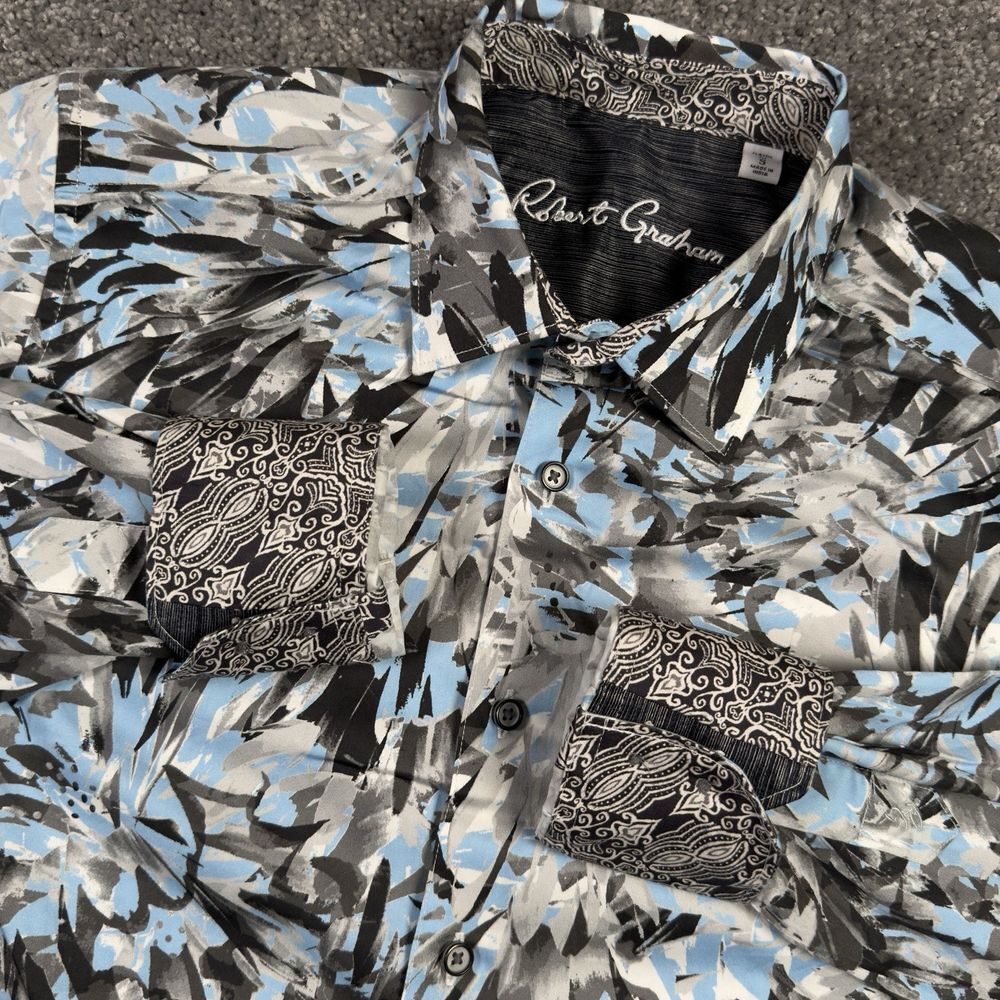 Robert Graham Mens Small Cotton Blue Abstract Flip Cuff Long Sleeve Button Shirt